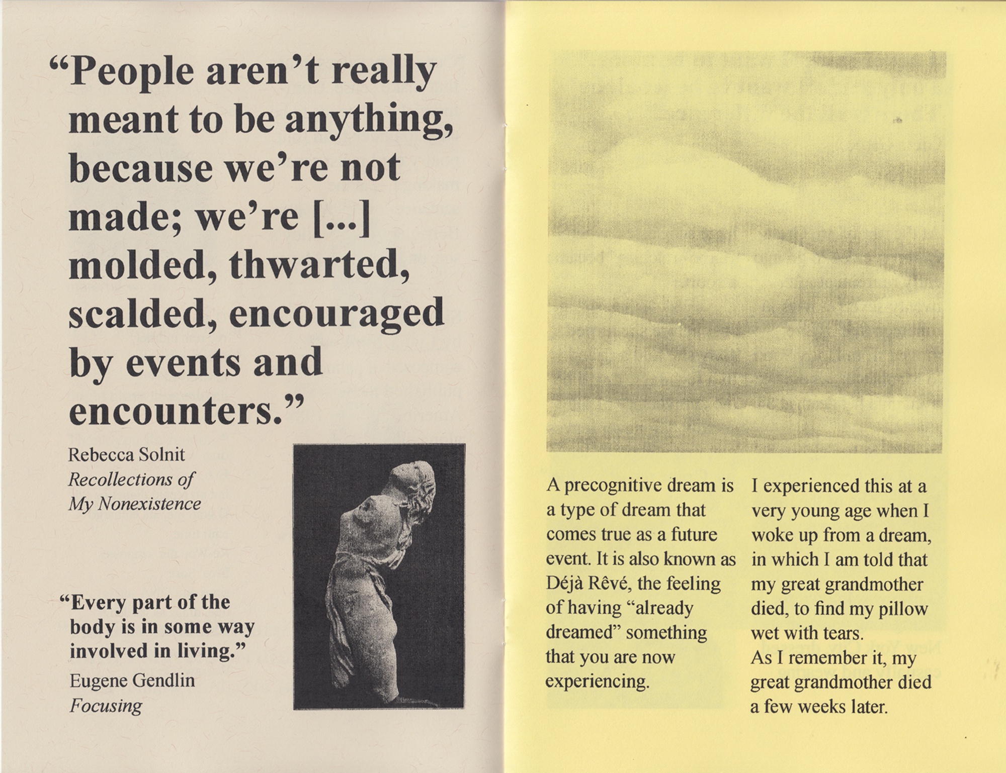 two page spread with large quote by rebecca solnit about how people aren't meant to be anything