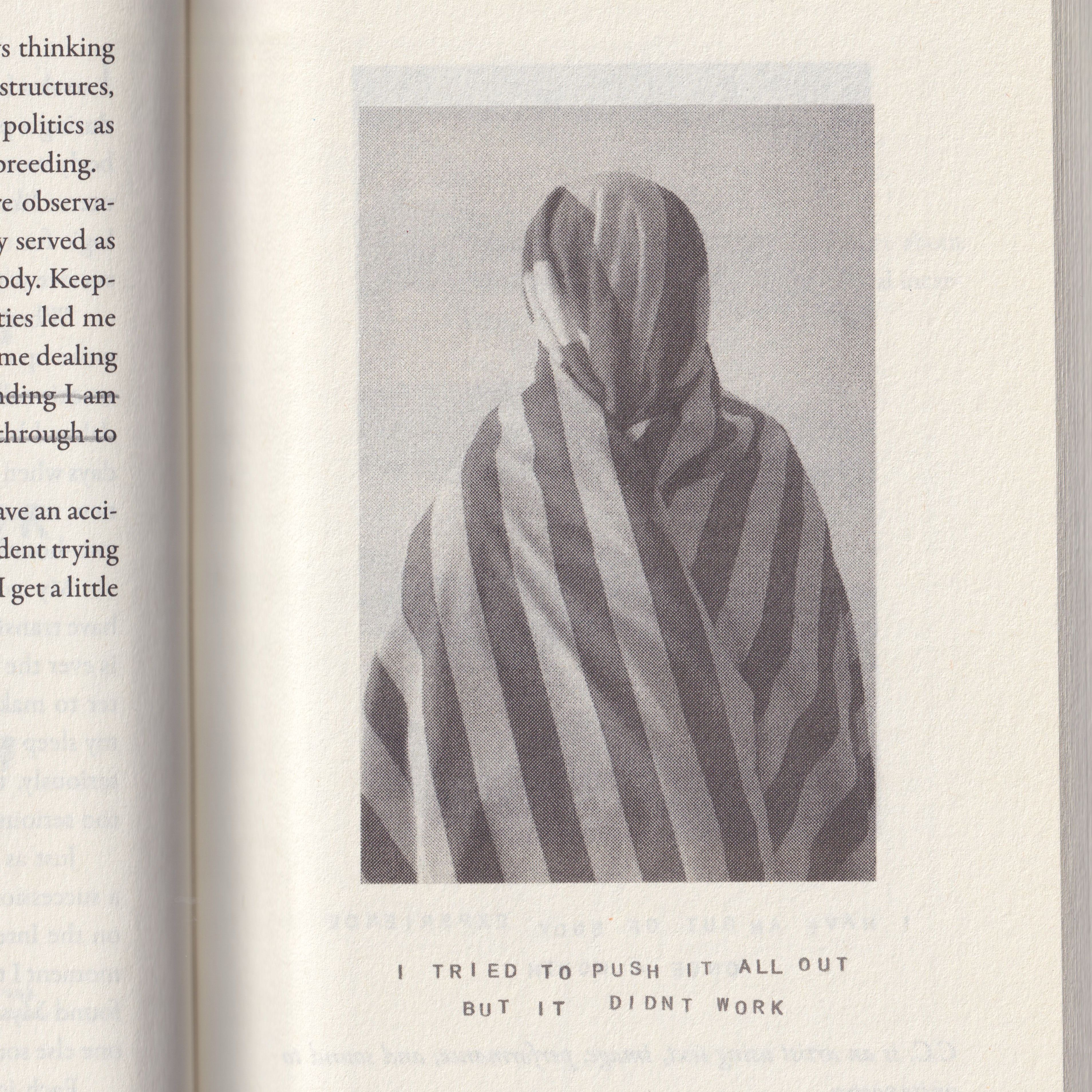 Anonymous person wrapped in striped circus tent fabric